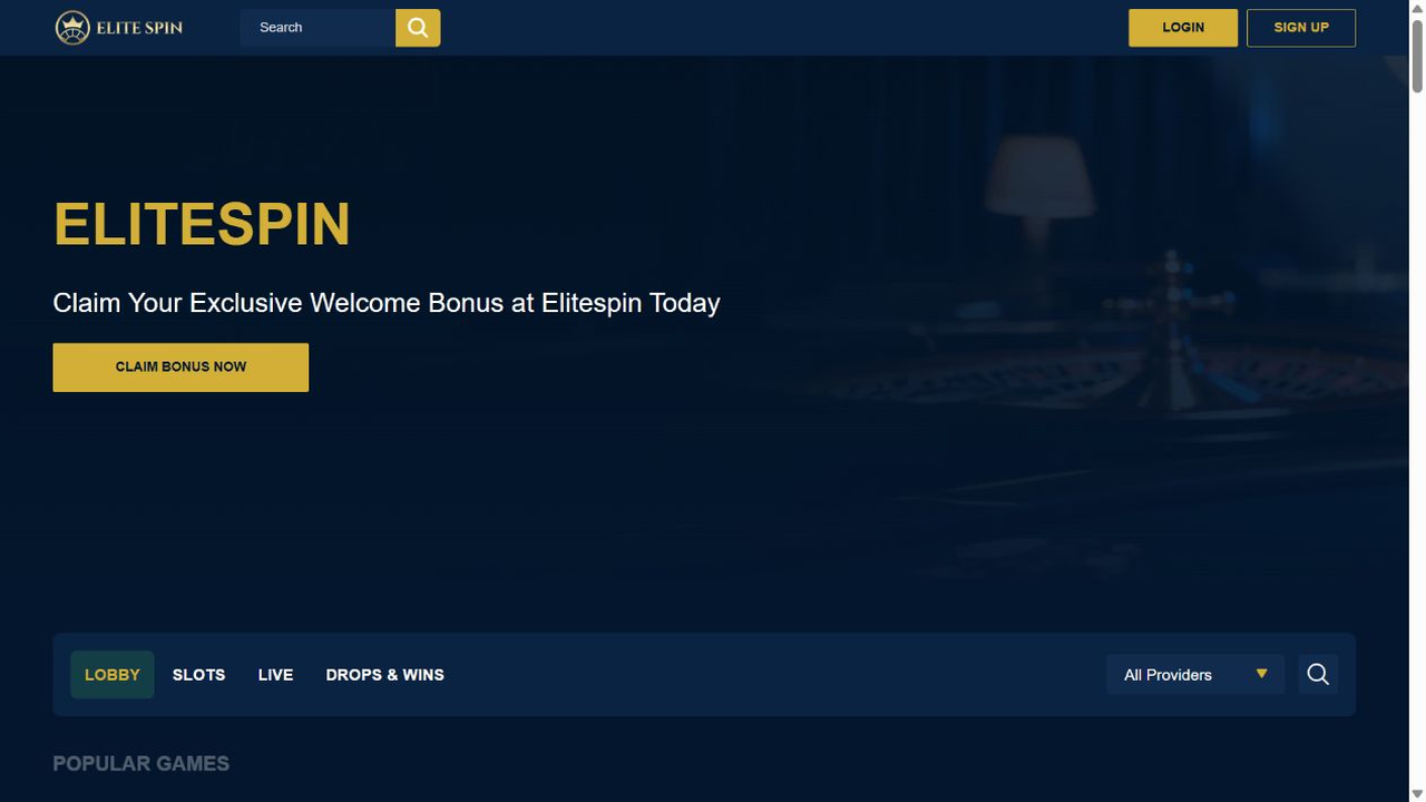 Screenshot van de publieke EliteSpin merkpagina